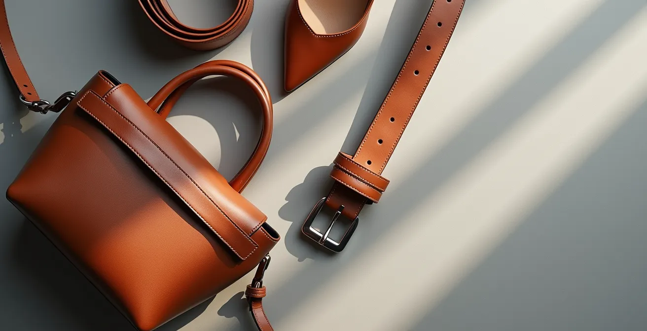 Composition minimaliste d'accessoires de mode incluant une ceinture en cuir, un sac structuré et des chaussures architecturales