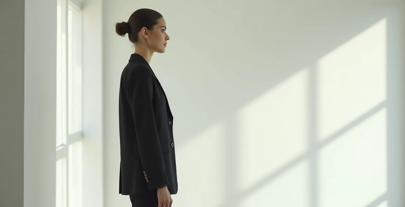 Vue de profil montrant la ligne épurée d'un tailleur parfaitement ajusté