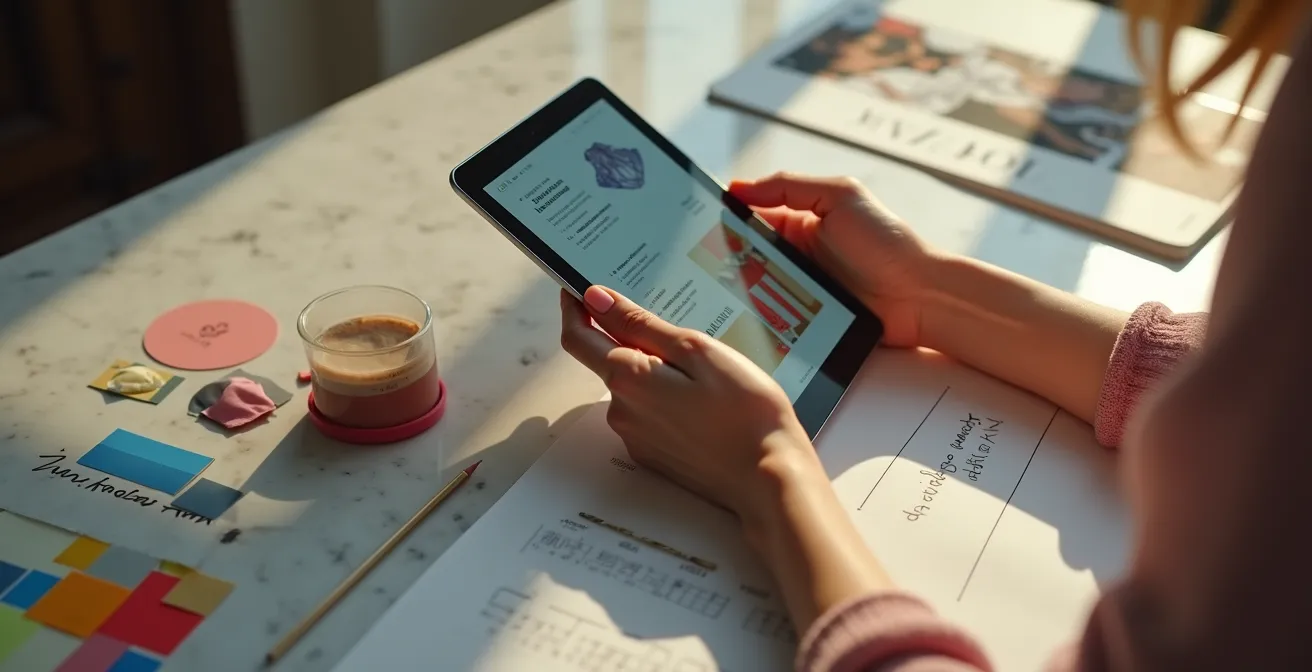 Femme consultant un lookbook mode sur tablette avec notes et palette de couleurs