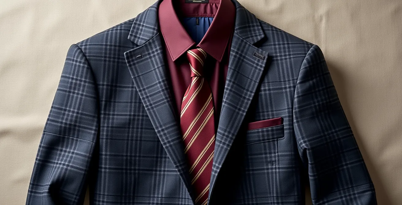 Composition vestimentaire montrant l'harmonie entre chemise à carreaux et cravate rayée avec couleur d'ancrage commune