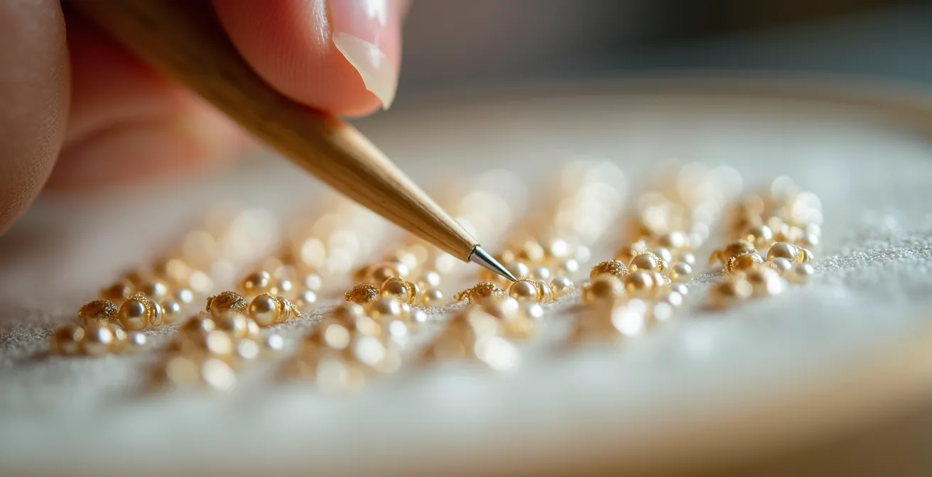 Macro photographique d'un crochet de Lunéville manipulant des perles dorées sur une broderie haute couture en cours de réalisation