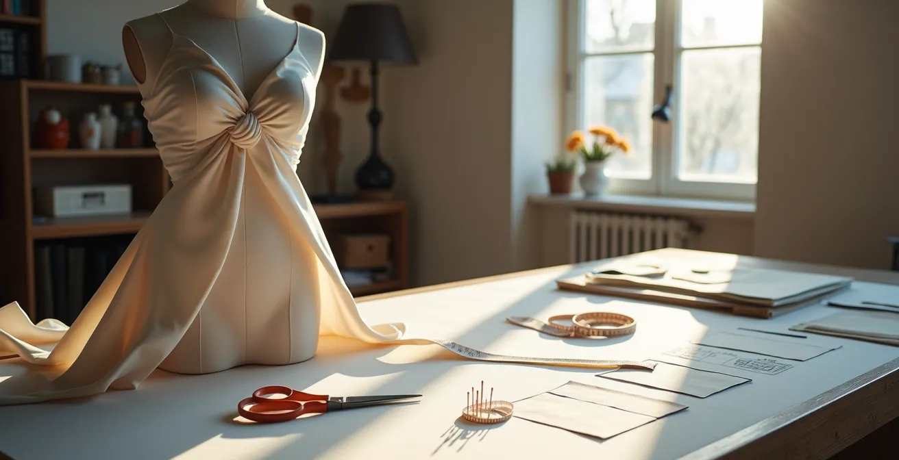 Vue d'atelier de couture avec tissus et outils de retouche professionnels