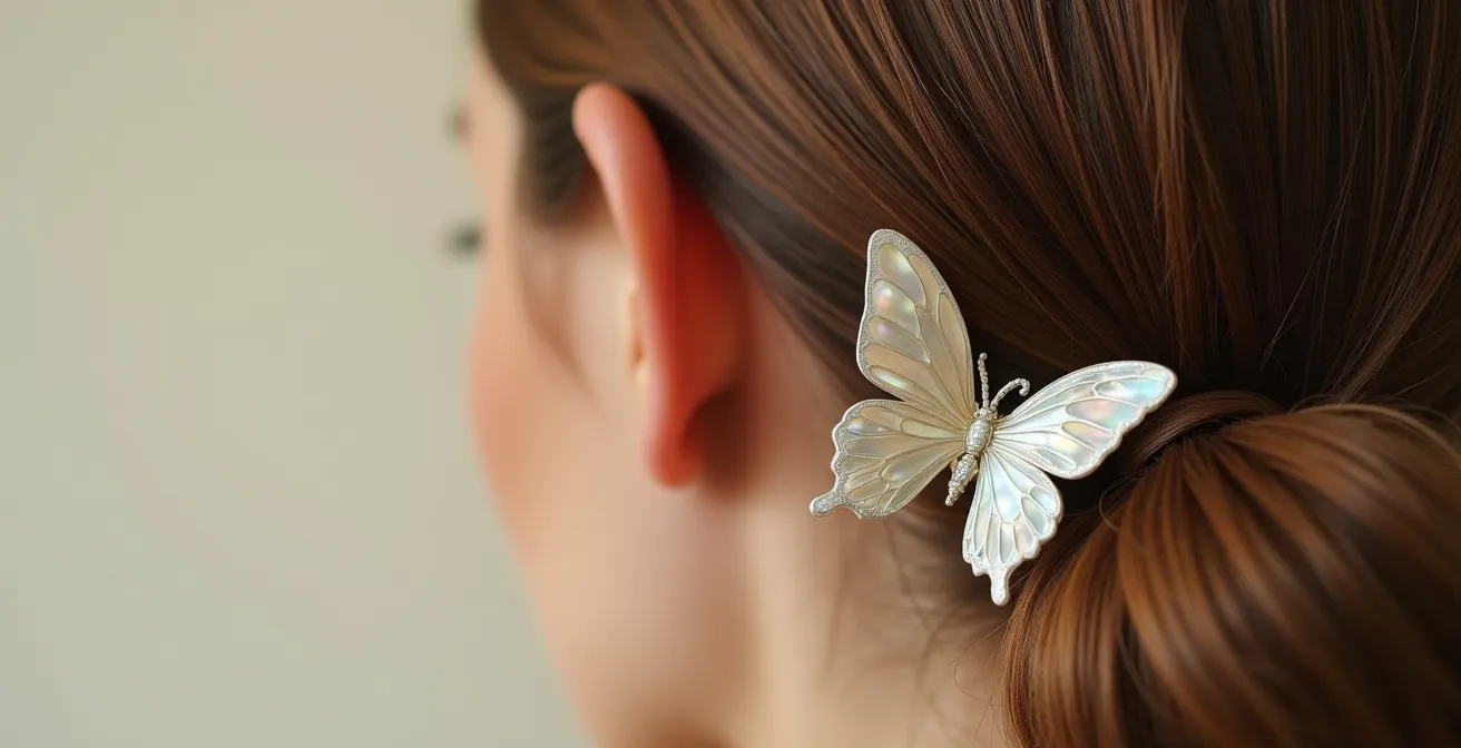 Gros plan sur une coiffure élégante avec barrette papillon en nacre