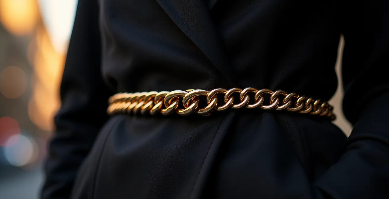 Blazer noir cintré avec ceinture dorée métallique pour look de soirée