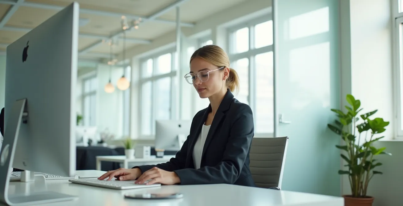 Vue large d'un professionnel assis dans un bureau moderne portant un blazer parfaitement ajusté