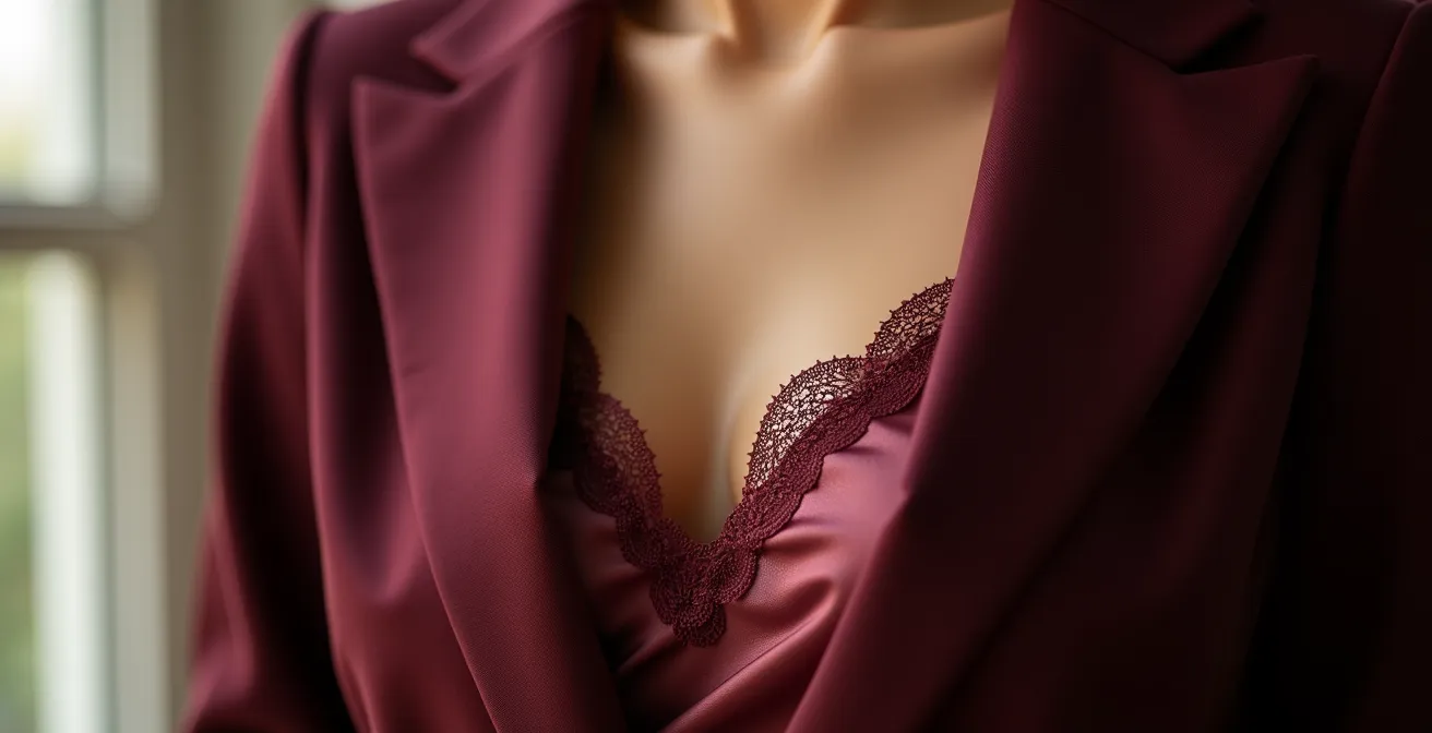 Gros plan sur un caraco en soie ivoire avec dentelle sous une veste de tailleur bordeaux