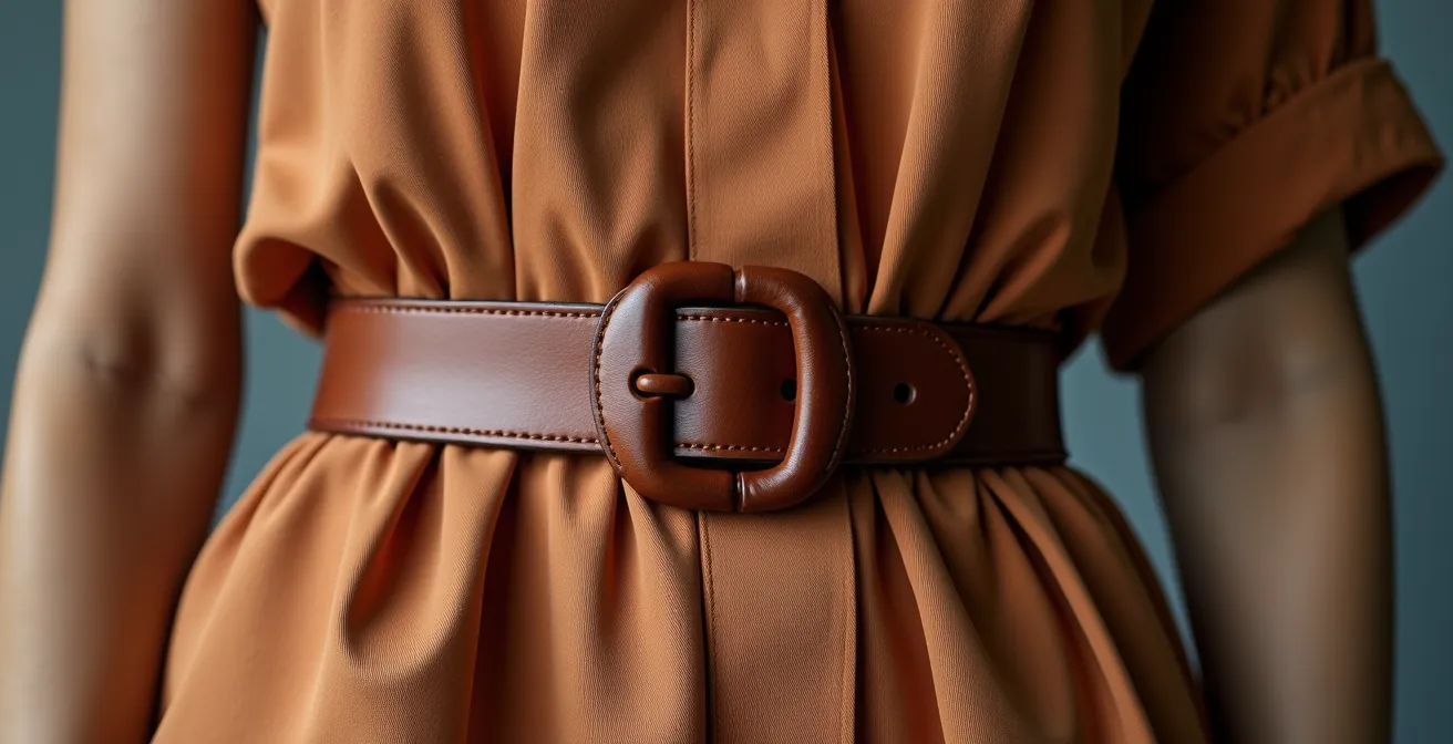 Gros plan sur une ceinture positionnée stratégiquement à la taille naturelle