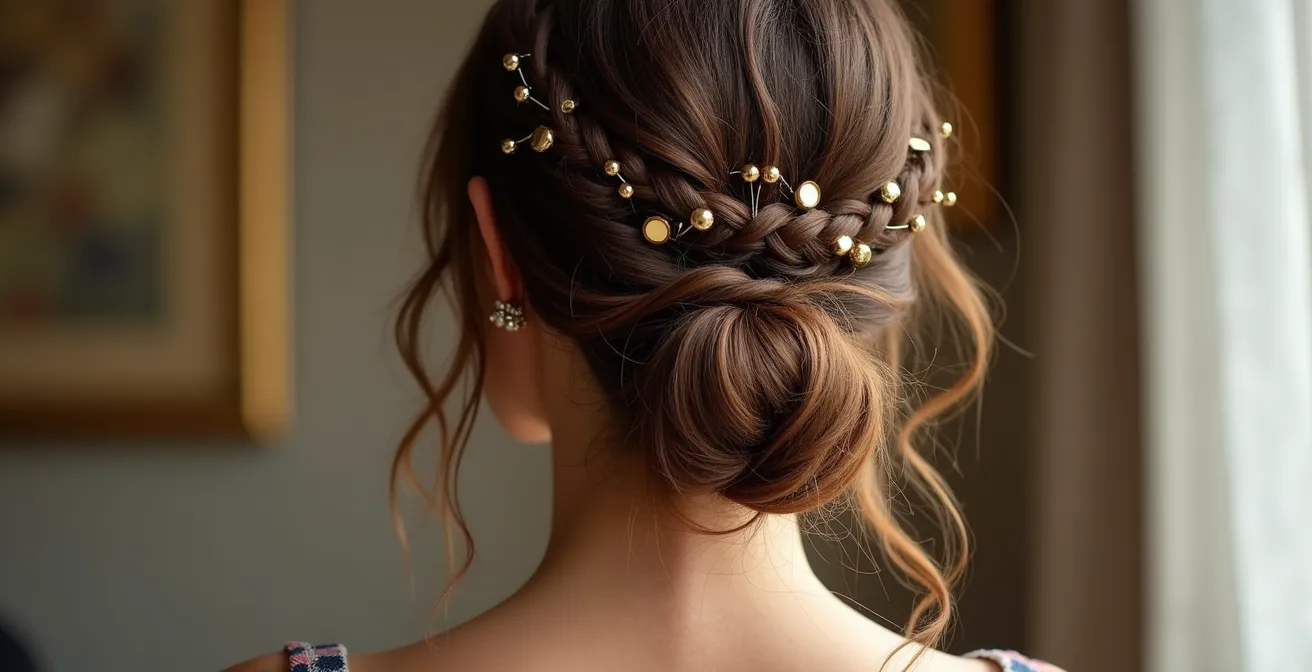 Chignon bohème flou avec tresses et accessoires dorés pour soirée