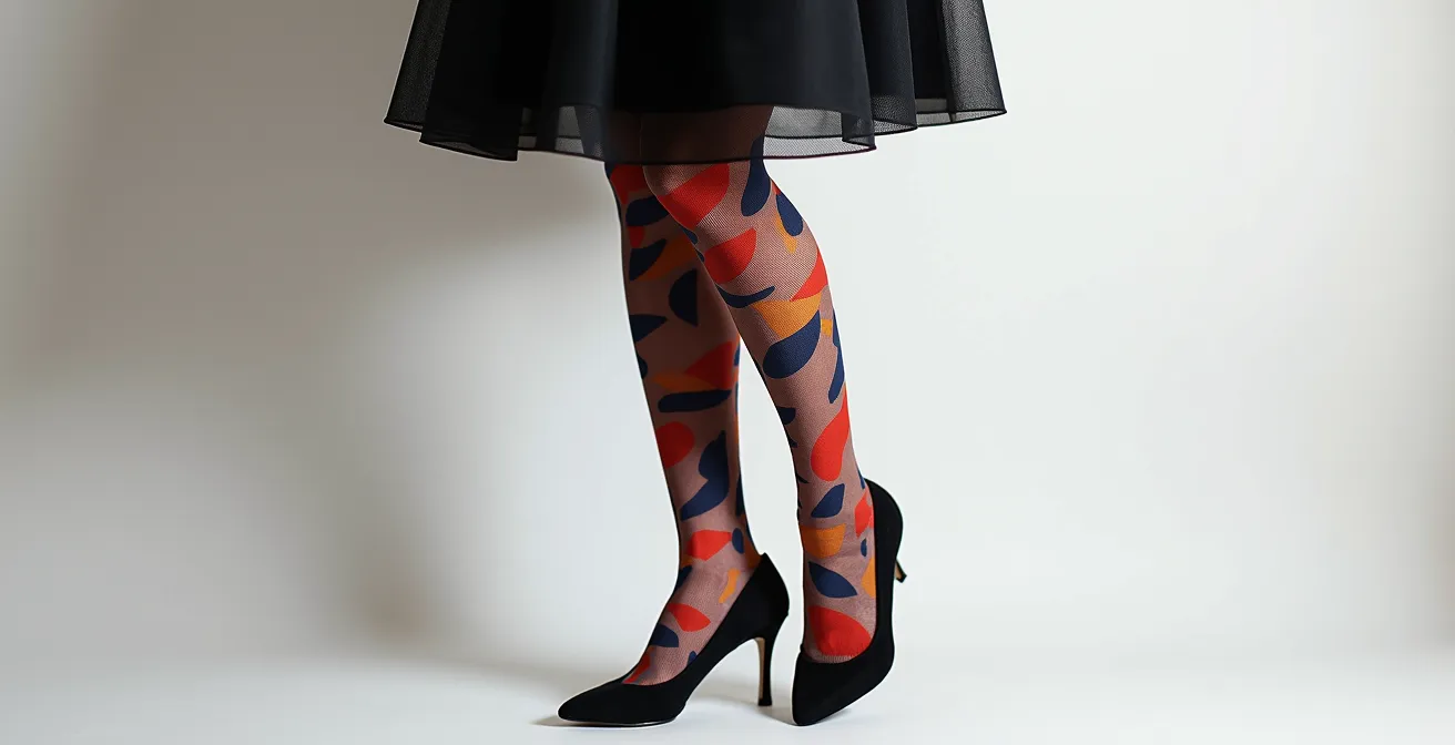 Gros plan sur jambes féminines avec collants à motifs géométriques colorés et escarpins noirs