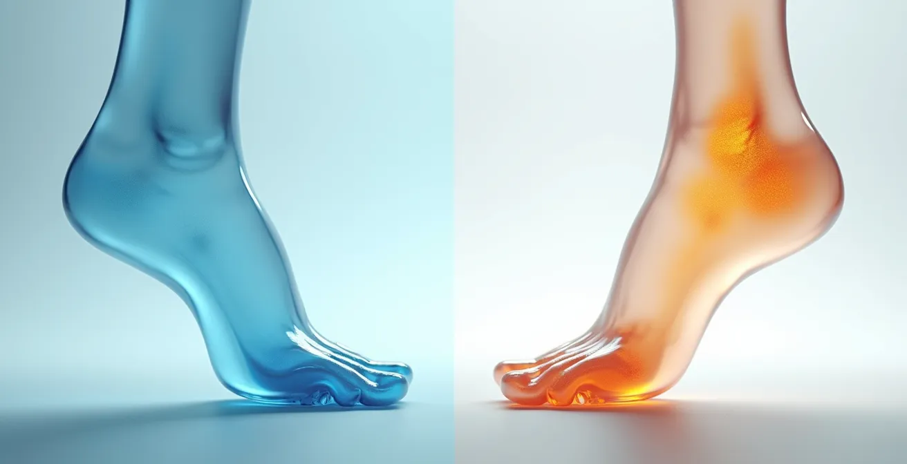 Comparaison anatomique d'un pied en position plate et avec talon de 7 cm montrant le déplacement du centre de gravité