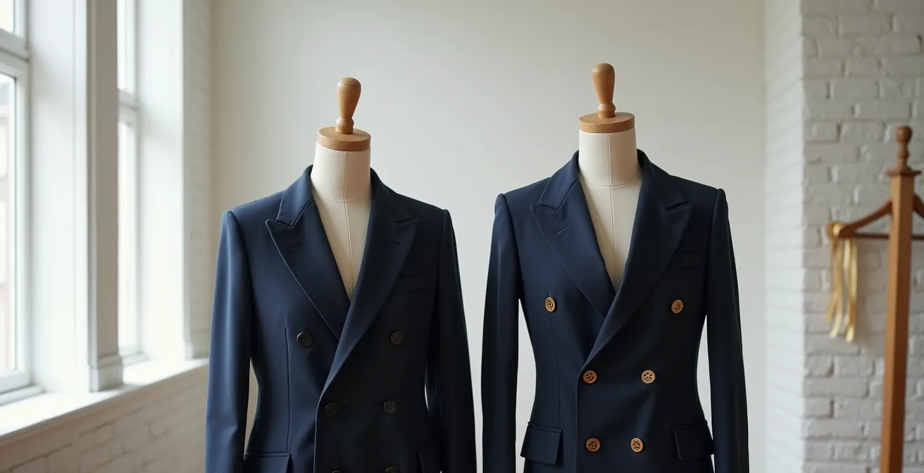 Comparaison visuelle entre blazer croisé et blazer droit sur mannequin