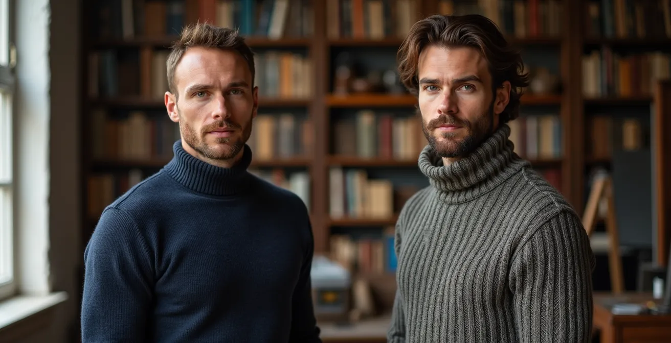Deux hommes portant des cols roulés de mailles différentes côte à côte