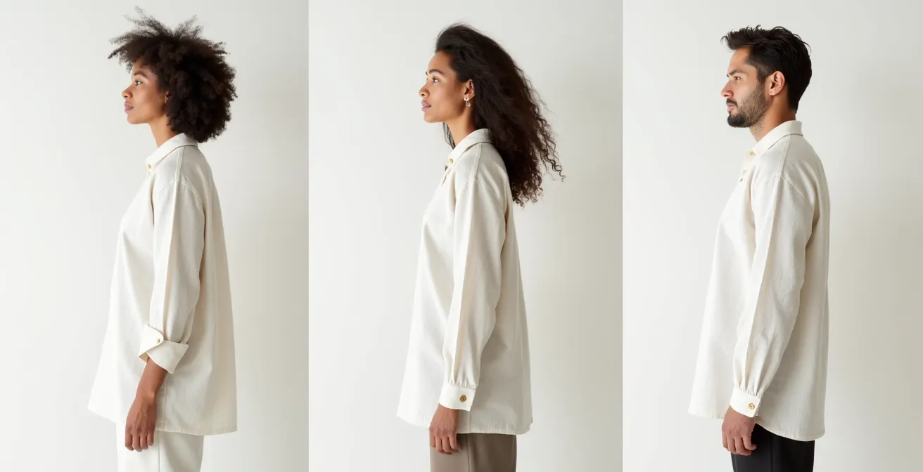 Vue technique d'un même vêtement unisexe porté par trois silhouettes différentes, montrant les zones d'ajustement naturel