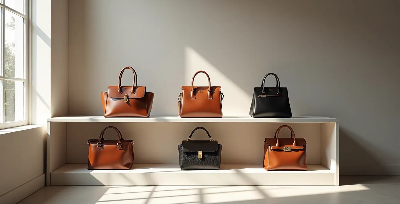 Collection de sacs de luxe authentiques disposés sur étagère design