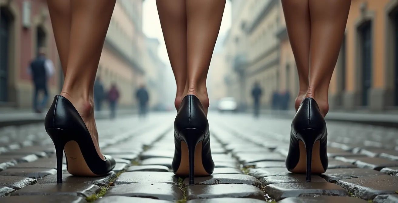 Trois types de talons de bottines (bloc, trapèze, fin) sur des pavés historiques mouillés