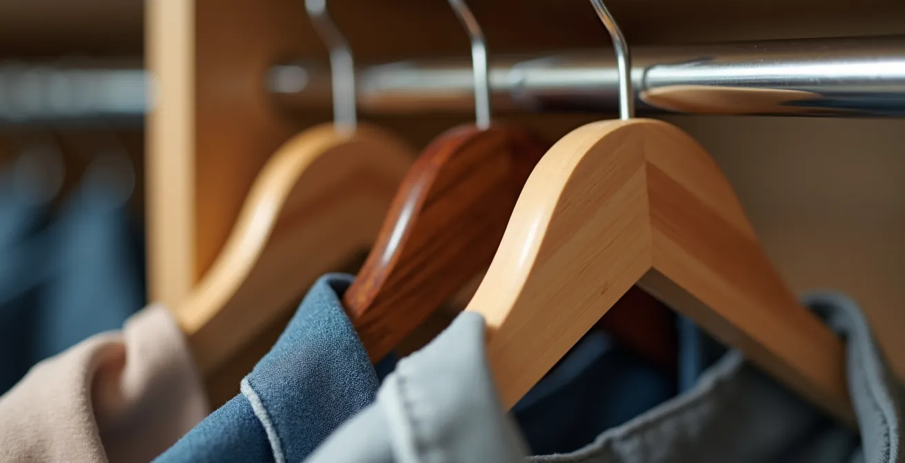 Comparaison visuelle de cintres en velours et en bois dans un placard