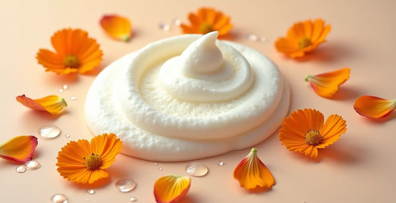 Texture crémeuse d'une crème bio vue en macro avec des pétales de fleurs