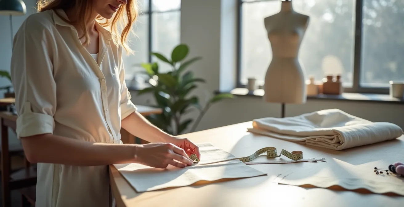 Couturière professionnelle ajustant un pantalon au niveau des hanches dans son atelier