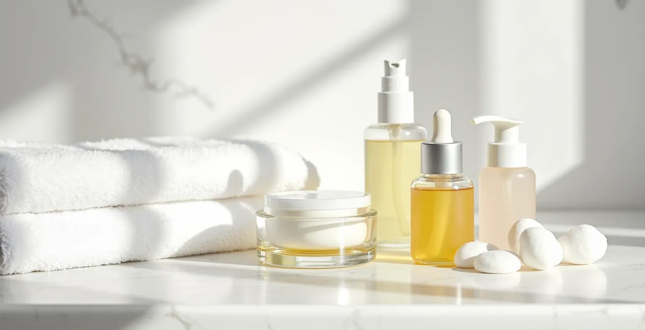 Processus de démaquillage délicat avec huile sur lèvres maquillées en rouge mat