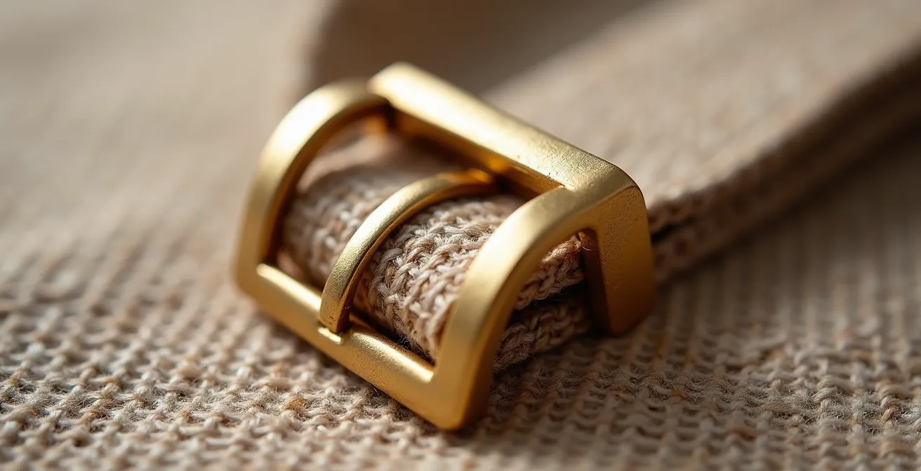 Gros plan macro sur une fine ceinture dorée brossée posée sur un tissu de lin naturel