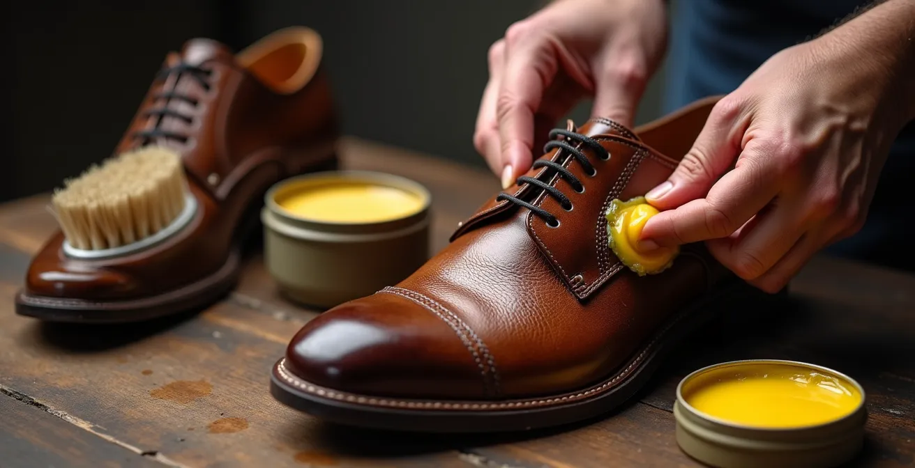 Gros plan sur des mains appliquant de la cire sur une chaussure en cuir