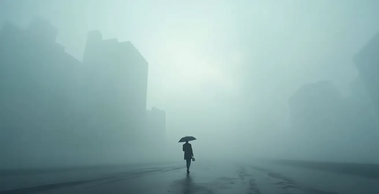 Paysage urbain brumeux évoquant la nécessité de protection solaire même par temps gris