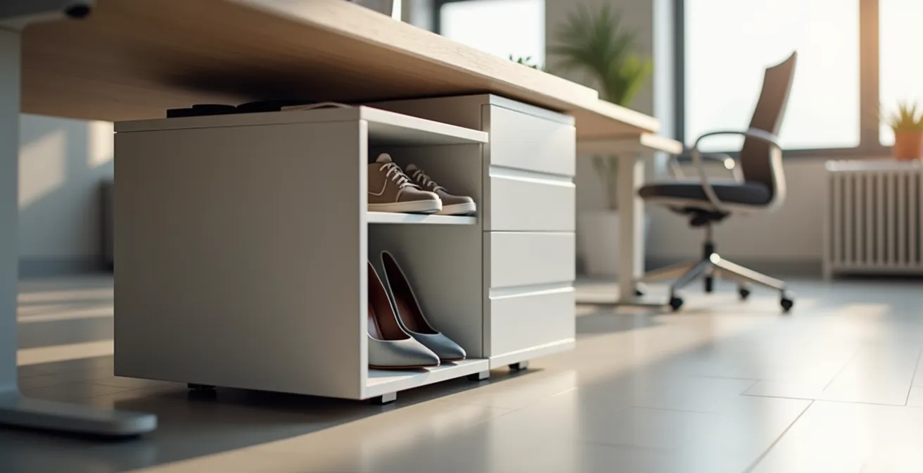 Bureau moderne avec rangement discret pour accessoires professionnels