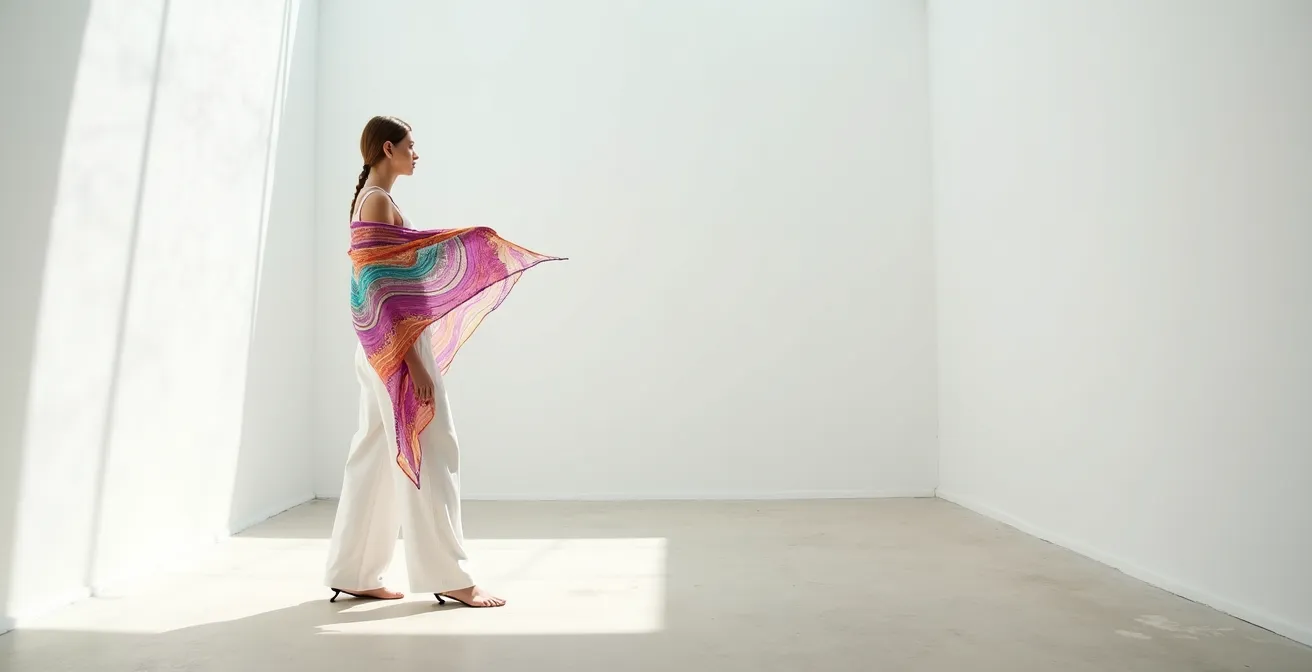 Femme en tenue blanche avec accent d'imprimé psychédélique coloré, illustrant l'équilibre visuel.