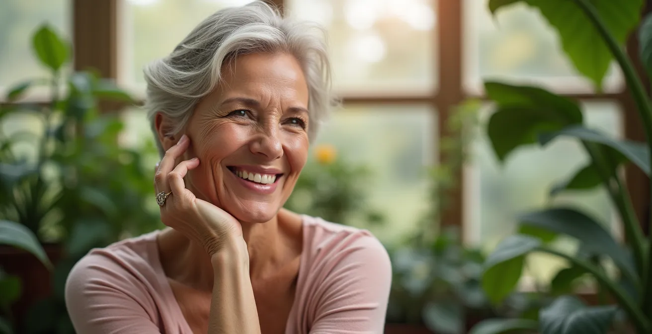 Portrait d'une femme mature à la peau lumineuse dans un environnement naturel