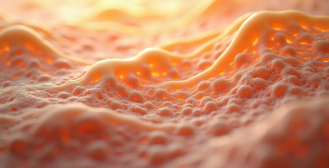 Vue macro de fibres de collagène illustrant le processus de glycation