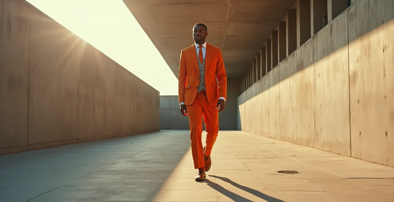 Homme portant un costume orange brûlé audacieux dans un environnement urbain minimaliste