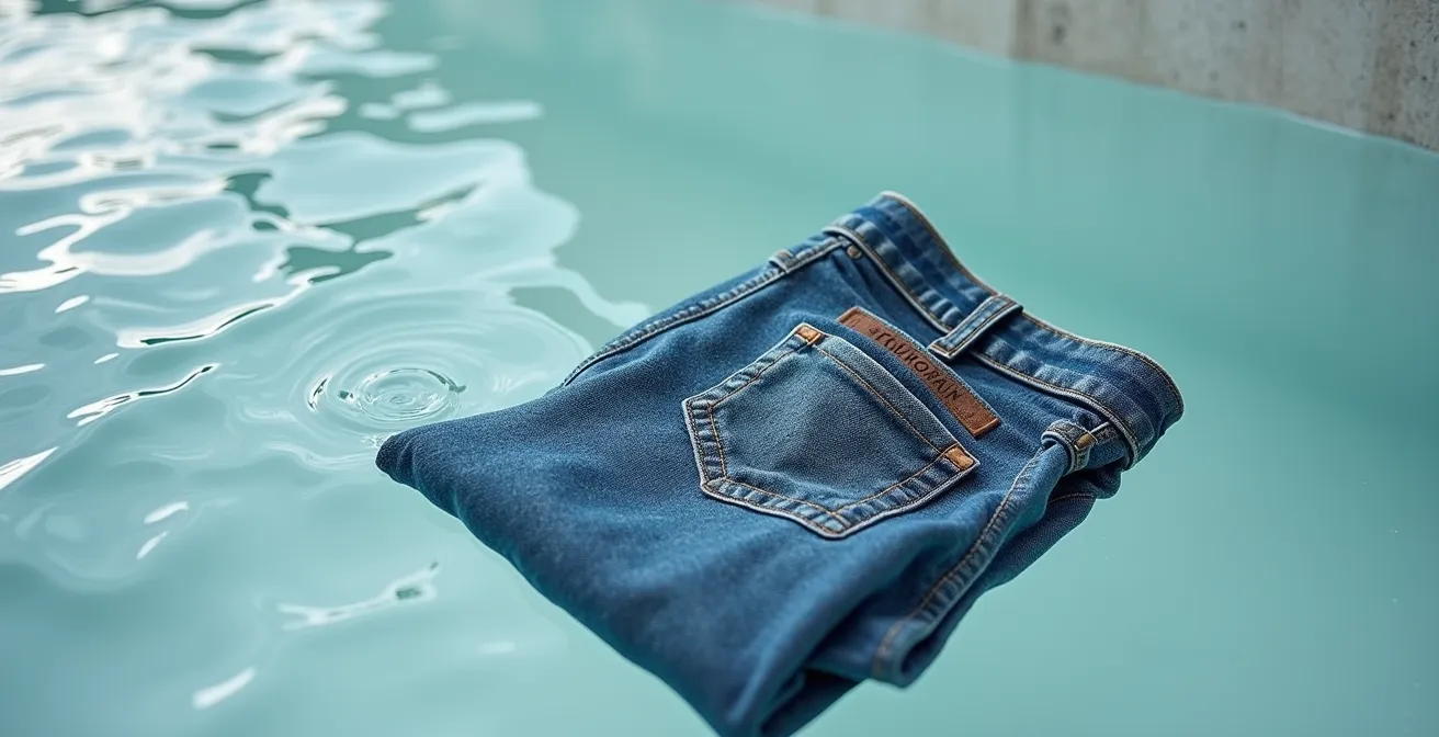 Jean brut immergé dans l'eau avec une texture saline visible sur la toile indigo.