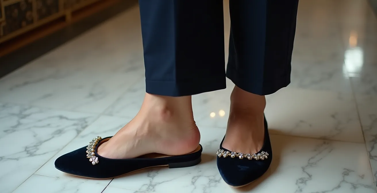 Vue de profil montrant une jambe avec pantalon 7/8ème et mocassins vernis dorés