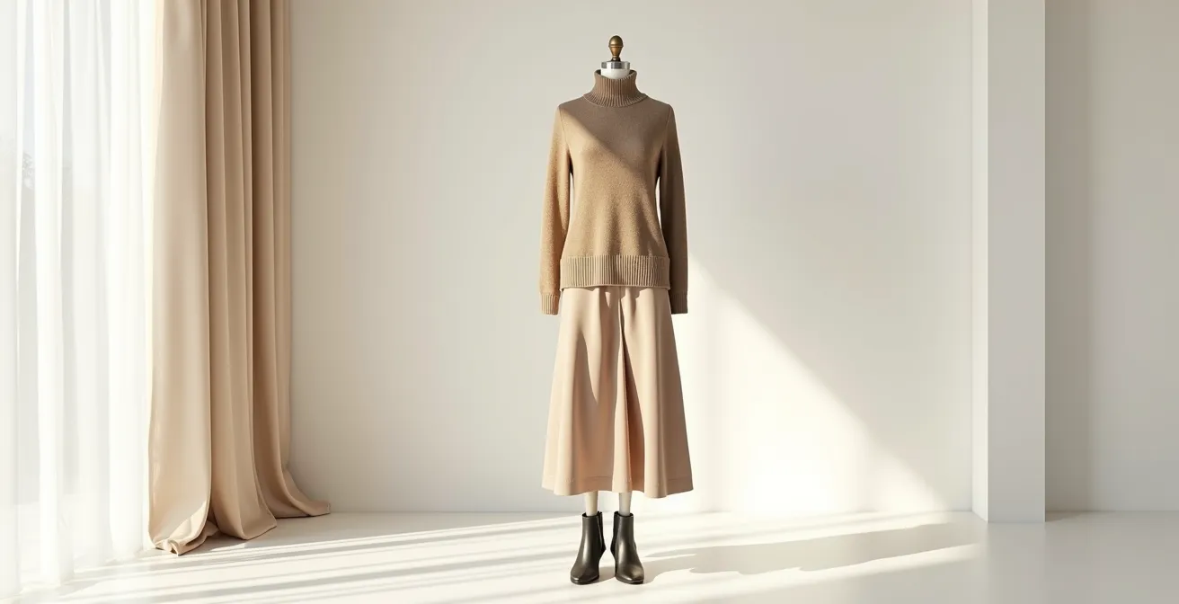 Silhouette élégante en tenue monochrome beige avec jeu de textures entre cachemire, satin et cuir