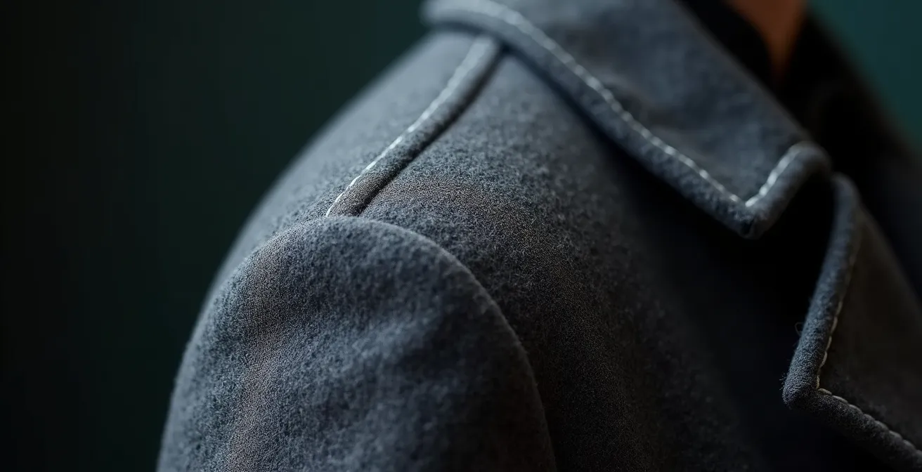 Vue macro détaillée de l'emmanchure haute d'un manteau structuré en laine avec coutures visibles