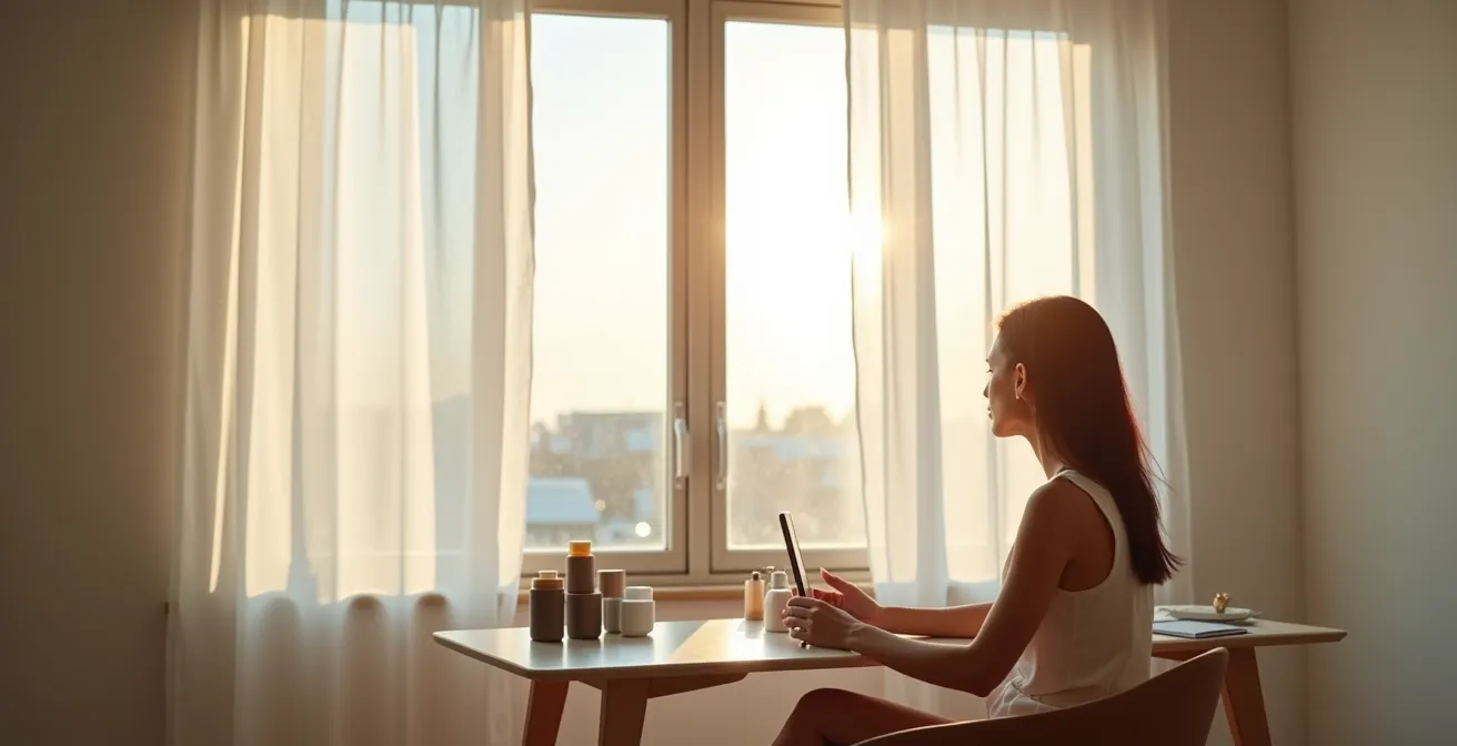 Femme se maquillant face à une fenêtre avec lumière naturelle douce