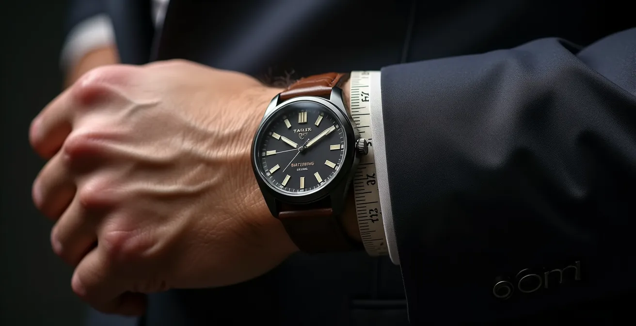 Gros plan sur poignet masculin portant une montre de luxe aux proportions parfaites, avec un mètre ruban à proximité.