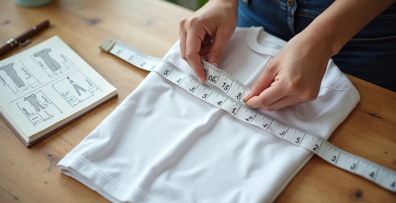 Mains mesurant un t-shirt à plat avec un mètre ruban, carnet de notes avec schémas de mesures à côté