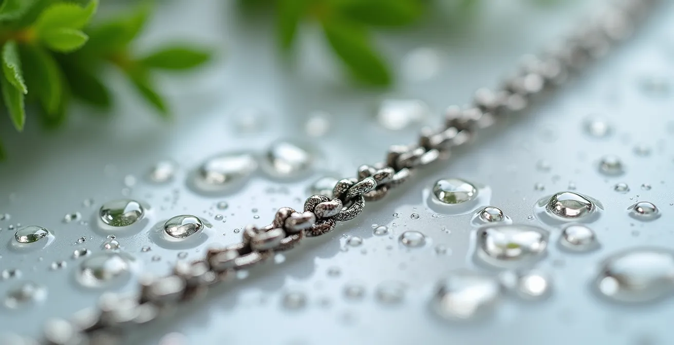 Bijou en argent massif plongé dans une solution naturelle de nettoyage