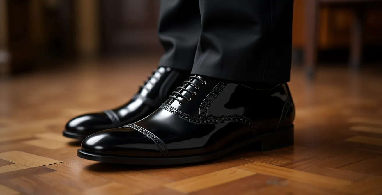 Gros plan sur l'ourlet d'un pantalon de smoking noir tombant parfaitement sur une chaussure vernie, sans cassure