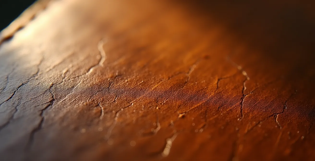 Gros plan sur la patine naturelle d'un cuir végétal avec ses nuances ambrées