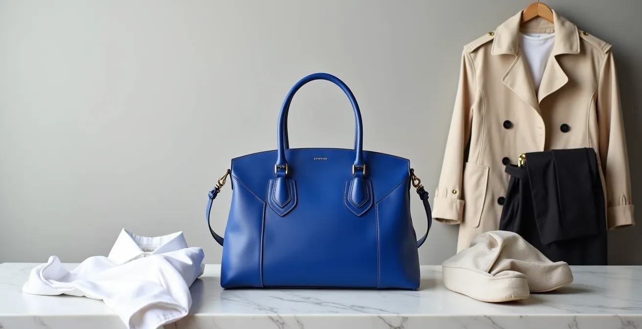 Composition minimaliste montrant un sac architectural vibrant posé sur une surface neutre avec des vêtements basiques