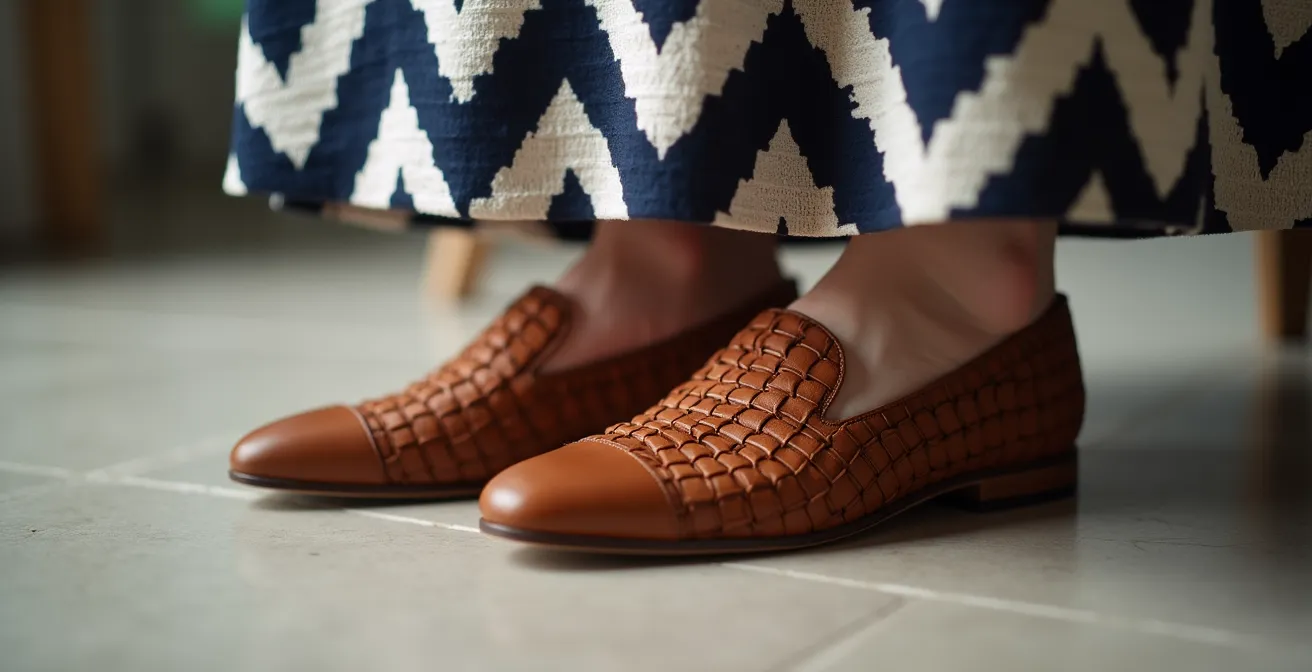 Détail de pieds portant des chaussures en cuir texturé avec un ourlet de robe à motifs géométriques.