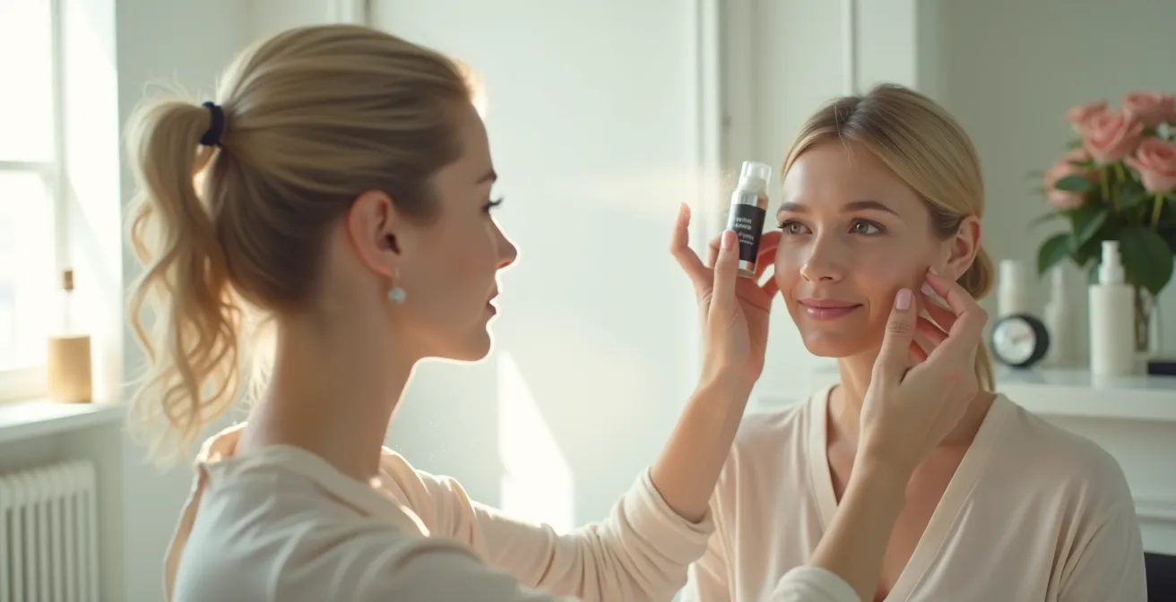 Vue minimaliste d'une coiffeuse appliquant un spray fixateur, environnement épuré de salon professionnel