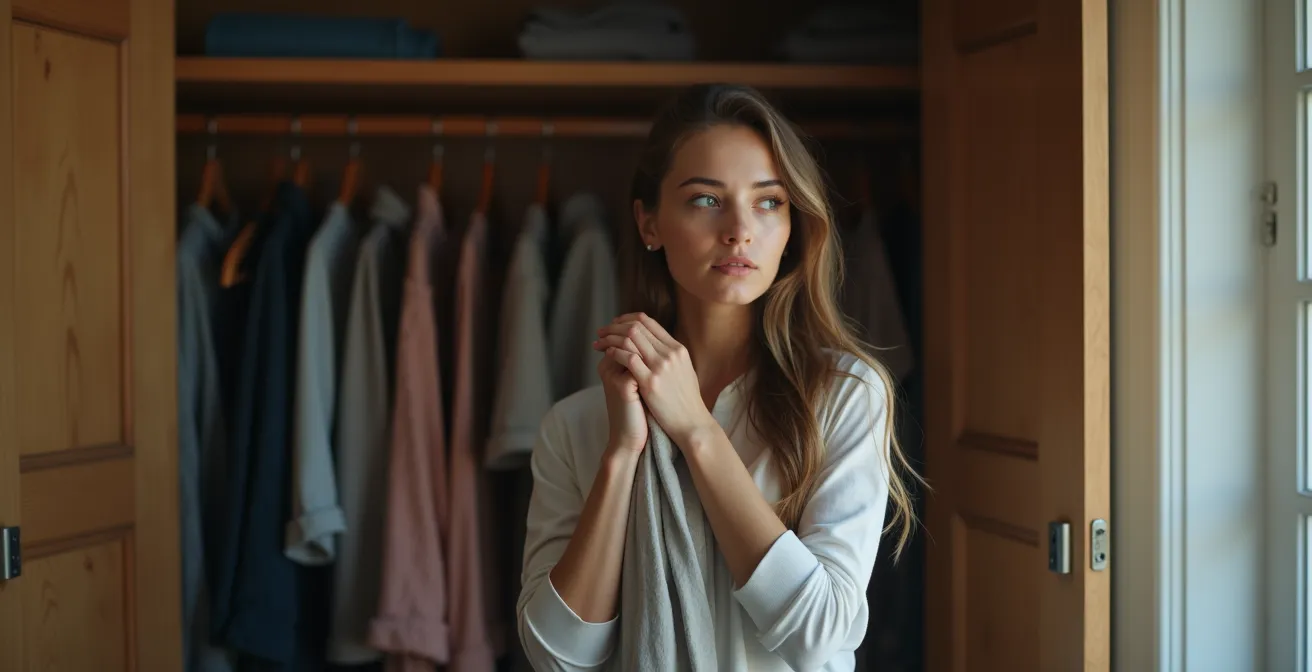 Personne contemplant des vêtements avec expression pensive