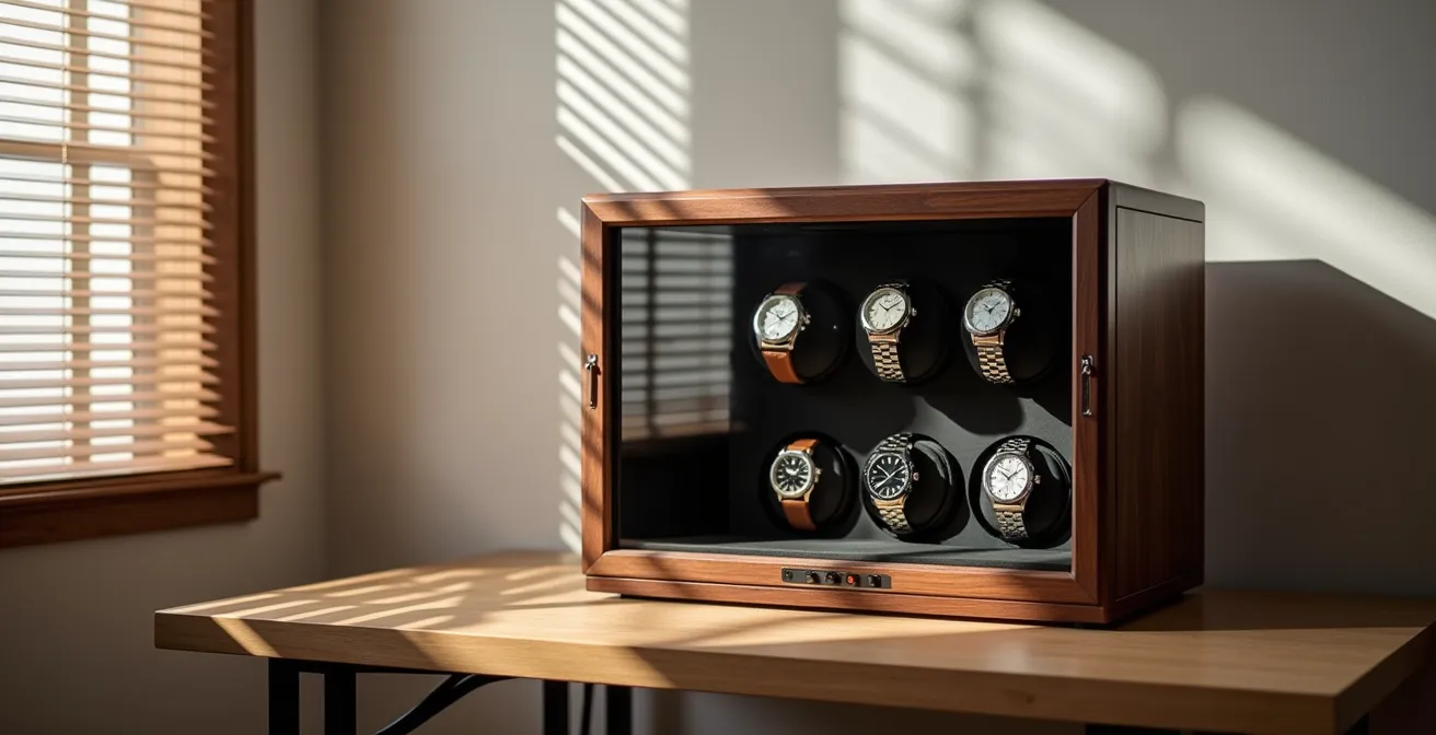 Remontoire haut de gamme en bois précieux abritant une collection de montres de luxe automatiques.