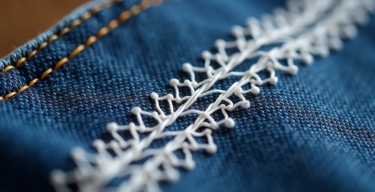 Détail d'une réparation Sashiko sur la toile d'un jean brut, avec des broderies blanches formant un motif géométrique.