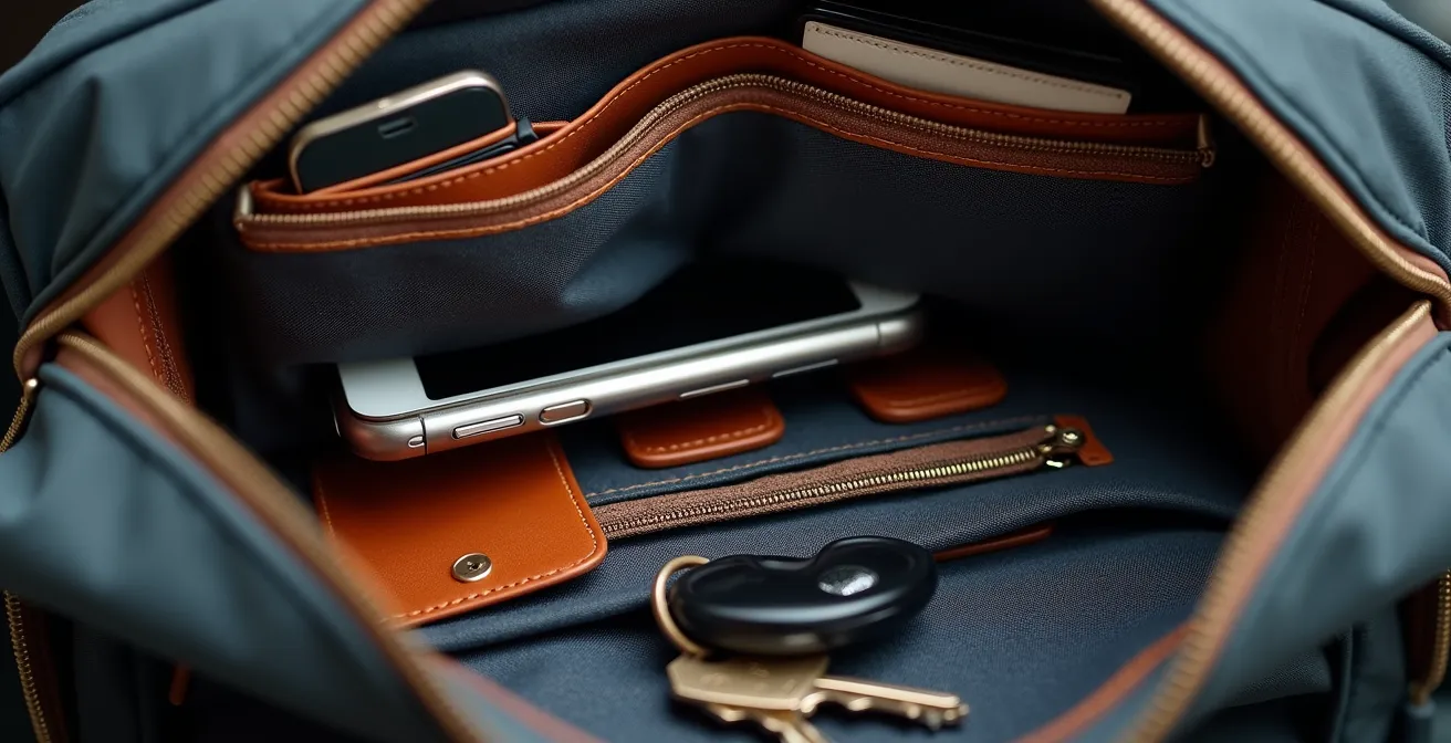 Vue détaillée de l'intérieur d'un sac à main professionnel montrant une organisation méthodique