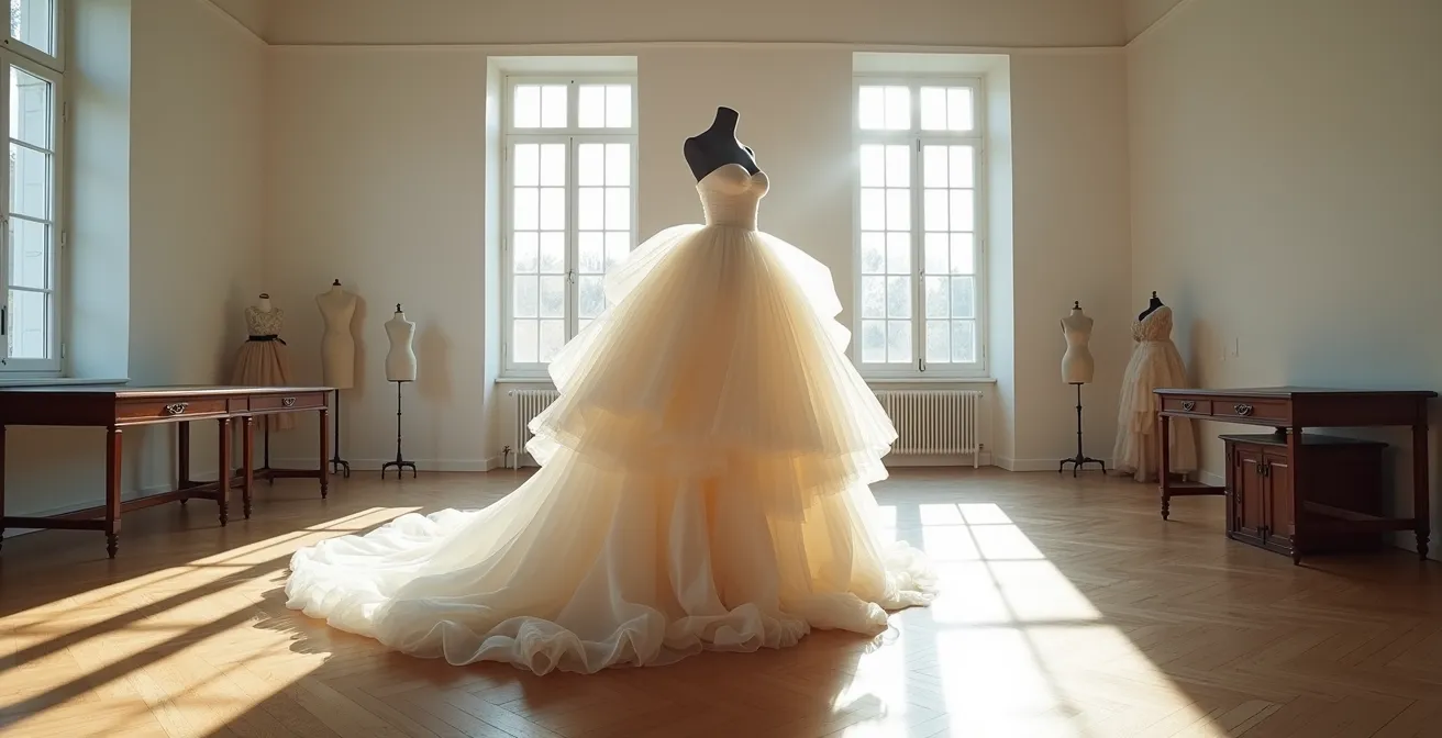 Vue large d'une robe haute couture monumentale aux volumes architecturaux dans un atelier parisien baigné de lumière naturelle