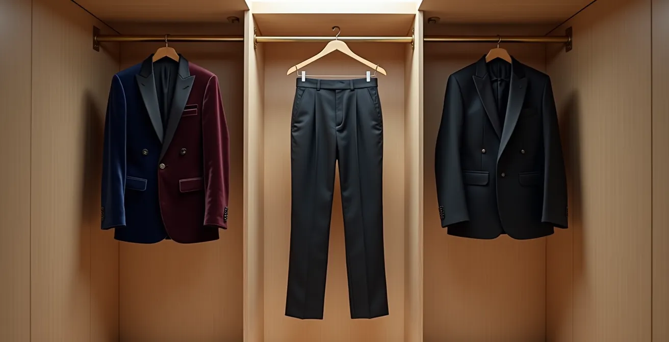 Garde-robe masculine élégante montrant un pantalon de smoking noir avec trois vestes différentes suspendues